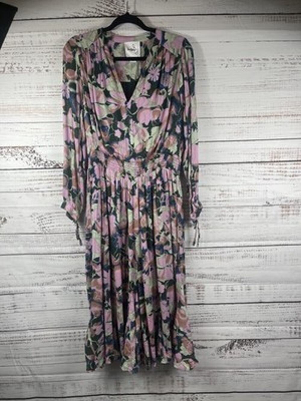 Sam Edelman Dress Womens Large Multicolor Floral Smocked V Neck Maxi Long Sleeve
